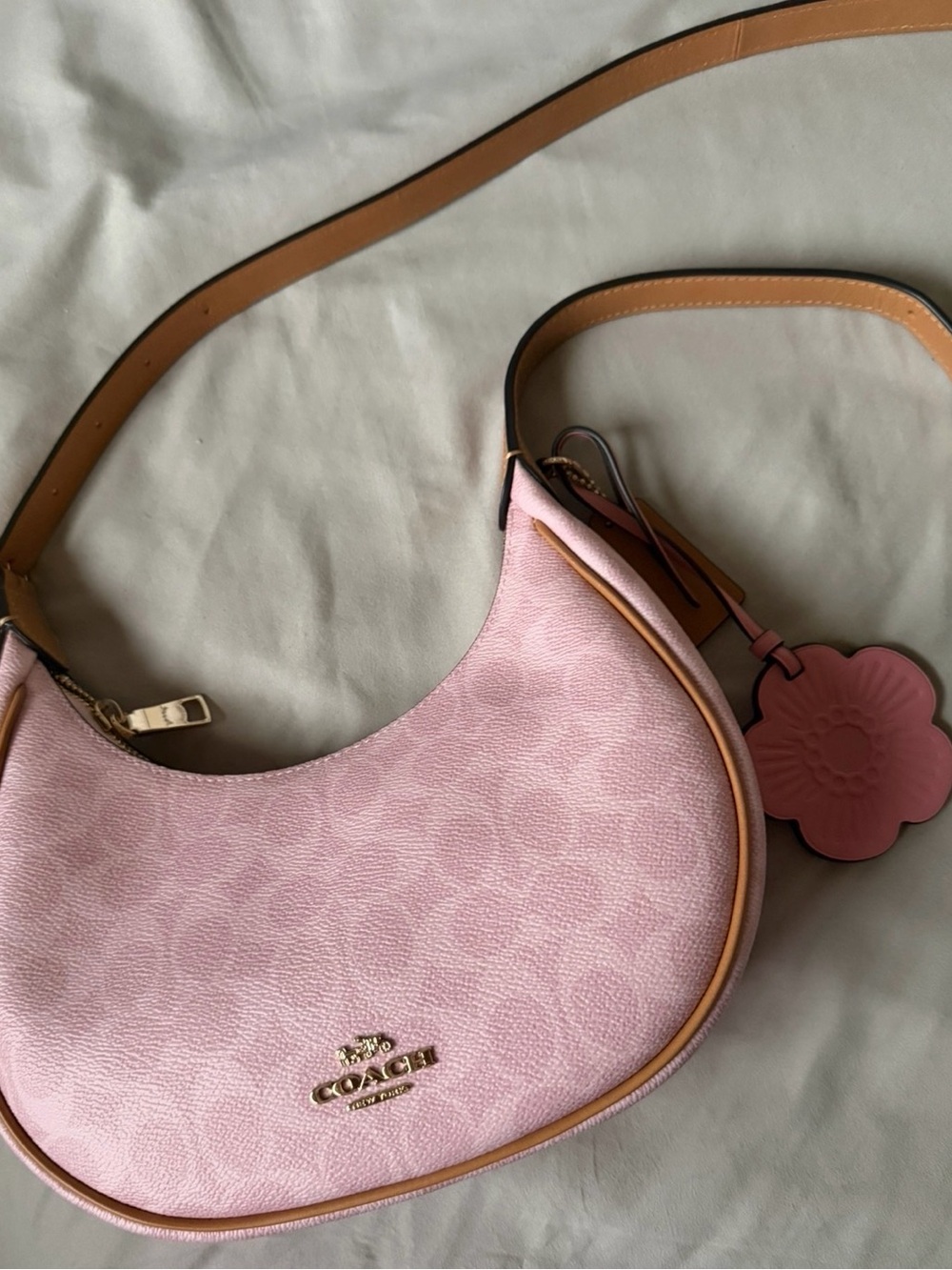 Coach Pink Leather Emily Crescent Shoulder Bag with Tan Trim